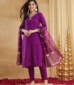 Purple viscose rayon silk embroidery kurta pant set with jacquard chanderi dupatta