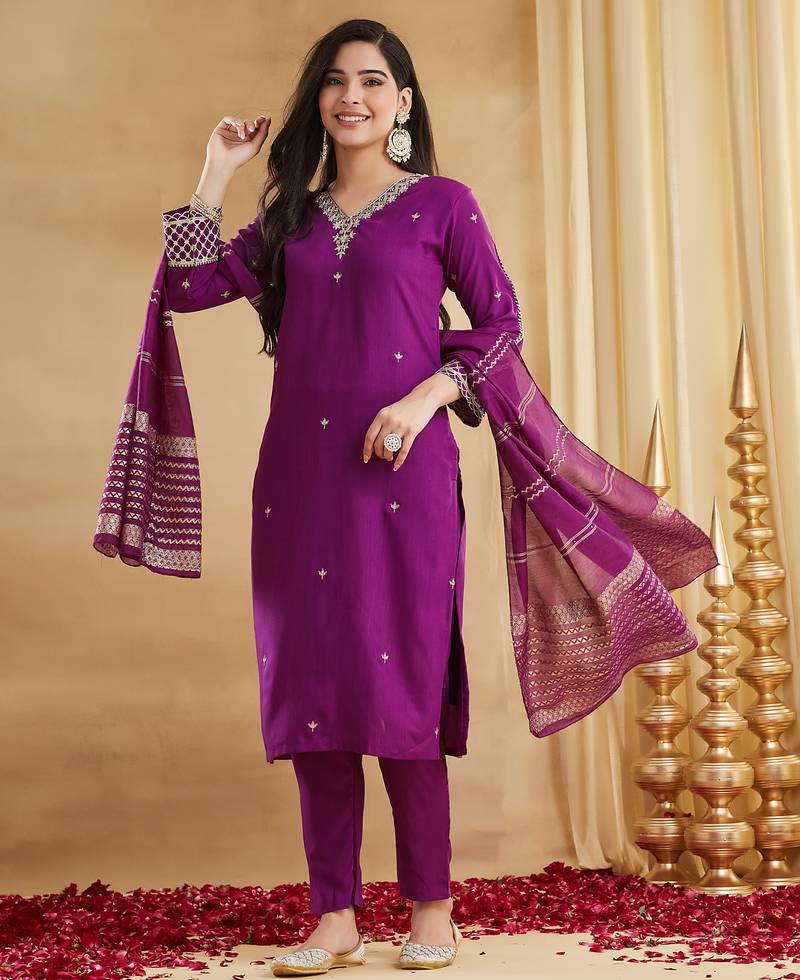Purple viscose rayon silk embroidery kurta pant set with jacquard chanderi dupatta