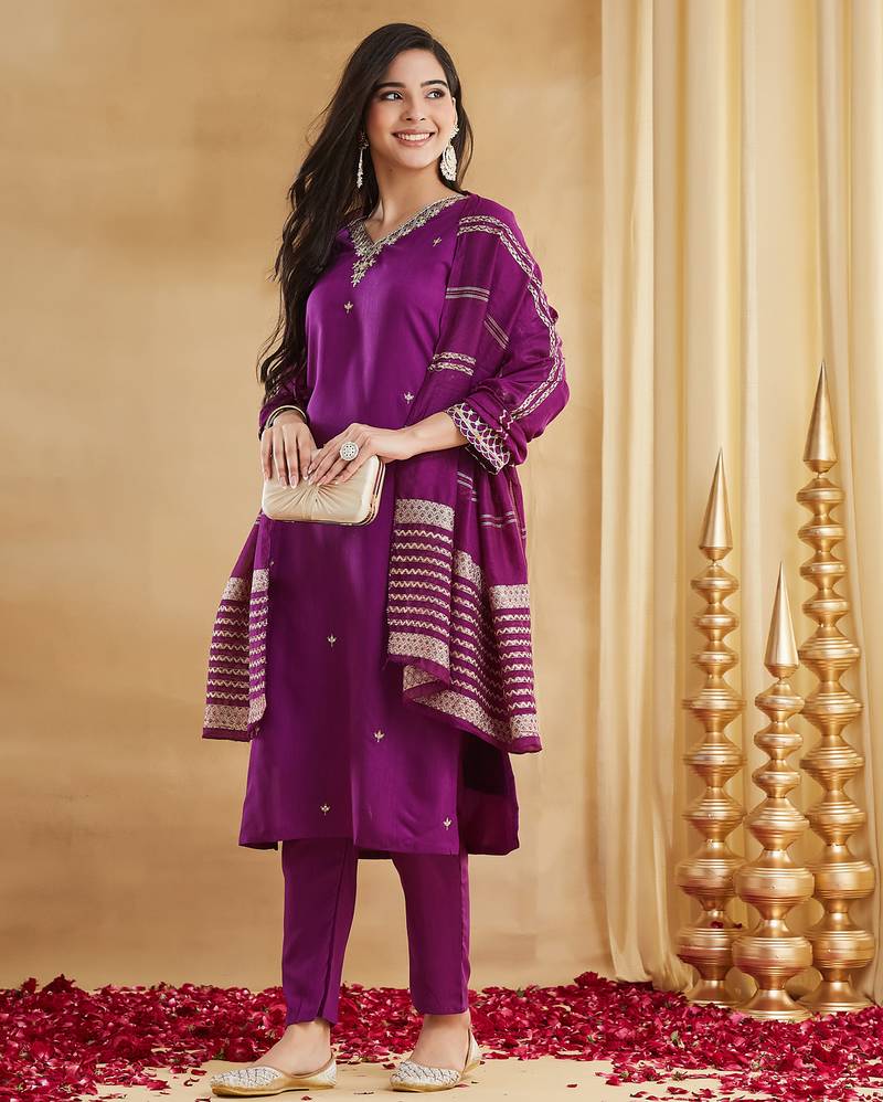 Purple viscose rayon silk embroidery kurta pant set with jacquard chanderi dupatta
