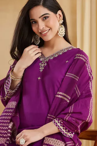 Purple viscose rayon silk embroidery kurta pant set with jacquard chanderi dupatta