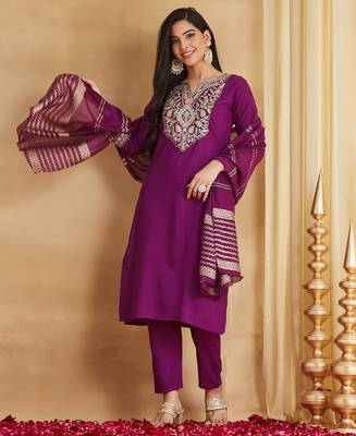 Purple viscose rayon silk embroidery kurta pant set with jacquard chanderi dupatta 1