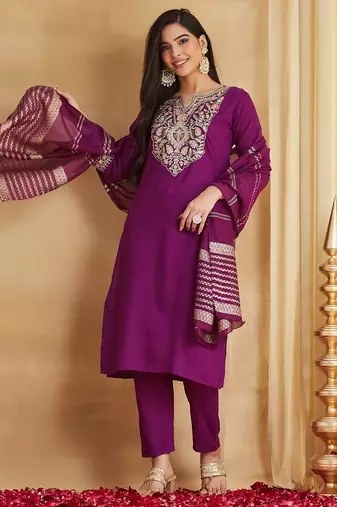 Purple viscose rayon silk embroidery kurta pant set with jacquard chanderi dupatta