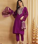 Purple viscose rayon silk embroidery kurta pant set with jacquard chanderi dupatta