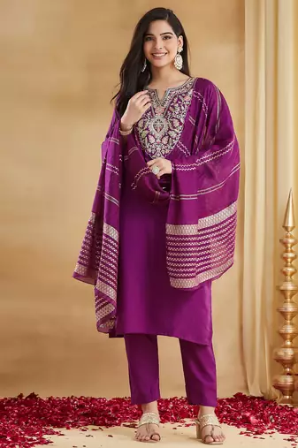 Purple viscose rayon silk embroidery kurta pant set with jacquard chanderi dupatta