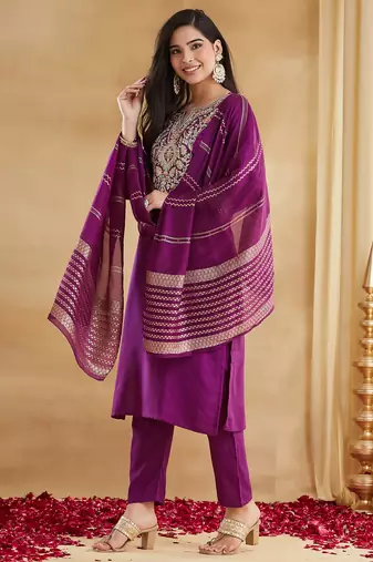Purple viscose rayon silk embroidery kurta pant set with jacquard chanderi dupatta