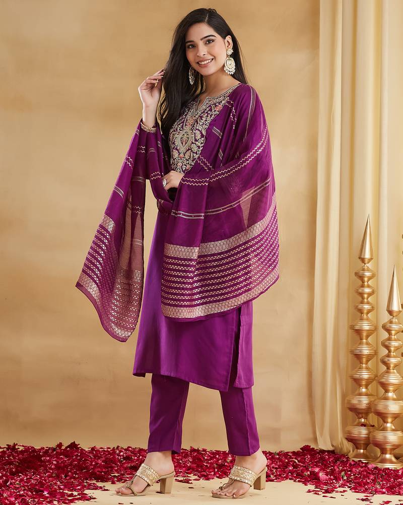 Purple viscose rayon silk embroidery kurta pant set with jacquard chanderi dupatta