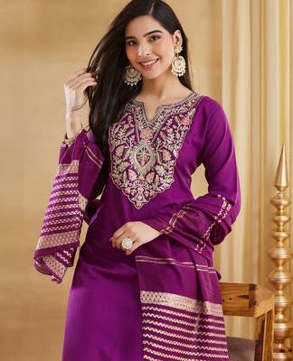 Purple viscose rayon silk embroidery kurta pant set with jacquard chanderi dupatta 4
