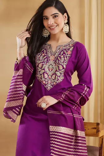 Purple viscose rayon silk embroidery kurta pant set with jacquard chanderi dupatta