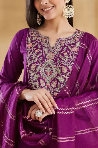 Purple viscose rayon silk embroidery kurta pant set with jacquard chanderi dupatta