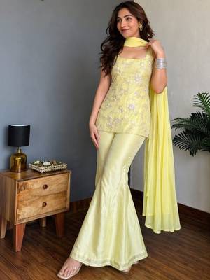 Yellow faux georgette embroidery kurta sharara set with georgette dupatta 3