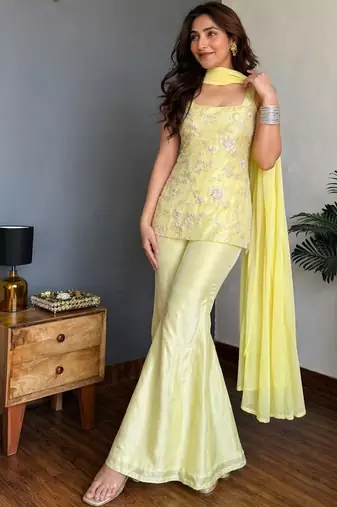 Yellow faux georgette embroidery kurta sharara set with georgette dupatta
