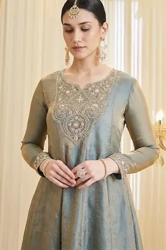 Grey fandy silk embroidery kurta sharara set with fandy silk dupatta