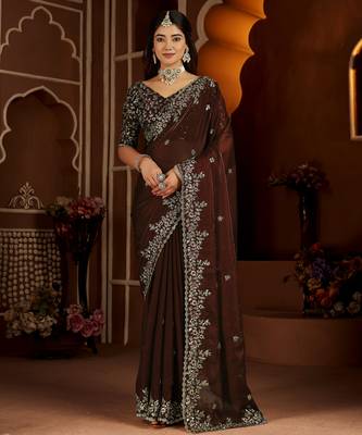 Beige color satin silk saree with maroon blouse heavy embroidered work 1