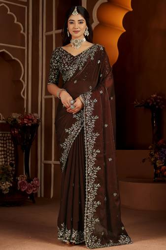 Beige color satin silk saree with maroon blouse heavy embroidered work