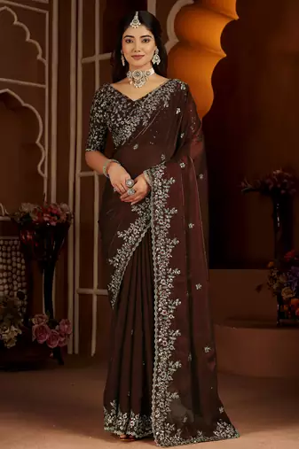 Beige color satin silk saree with maroon blouse heavy embroidered work