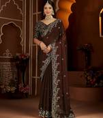 Beige color satin silk saree with maroon blouse heavy embroidered work