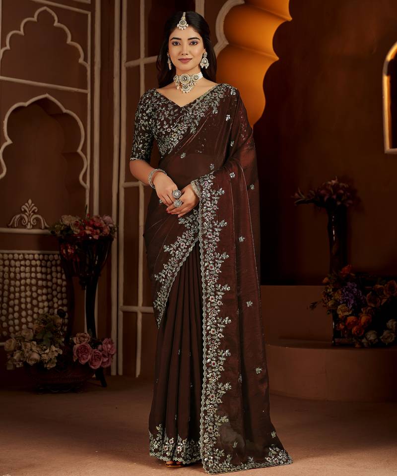Beige color satin silk saree with maroon blouse heavy embroidered work