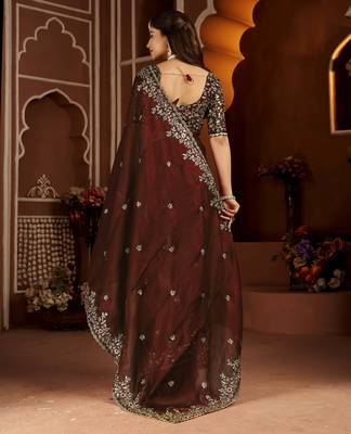 Beige color satin silk saree with maroon blouse heavy embroidered work 2