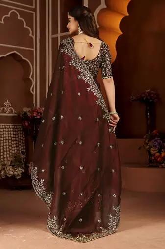 Beige color satin silk saree with maroon blouse heavy embroidered work