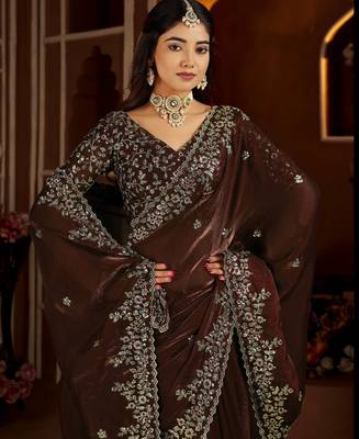 Beige color satin silk saree with maroon blouse heavy embroidered work 3