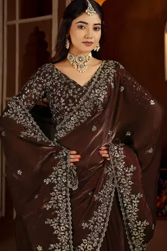 Beige color satin silk saree with maroon blouse heavy embroidered work