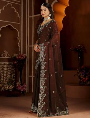 Beige color satin silk saree with maroon blouse heavy embroidered work 4
