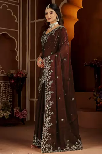 Beige color satin silk saree with maroon blouse heavy embroidered work