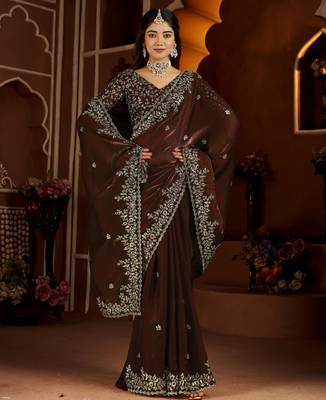 Beige color satin silk saree with maroon blouse heavy embroidered work 5