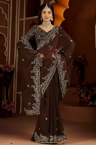 Beige color satin silk saree with maroon blouse heavy embroidered work