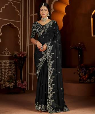Black satin silk saree with heavy embroidered work 1
