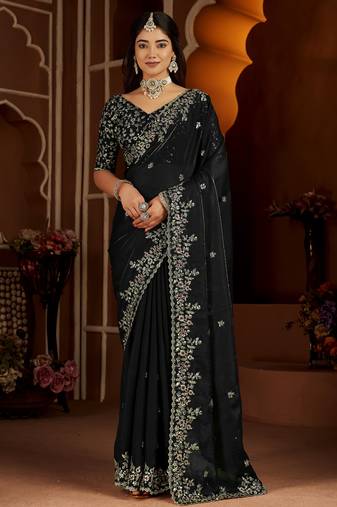 Black satin silk saree with heavy embroidered work