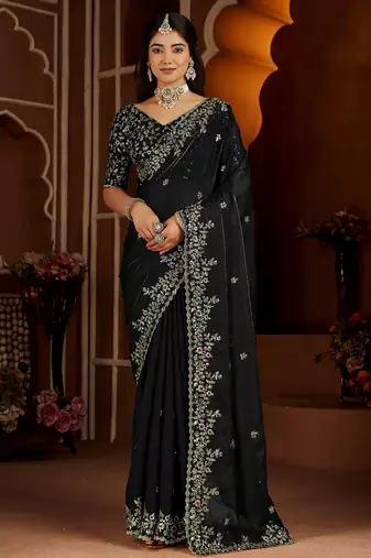 Black satin silk saree with heavy embroidered work