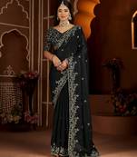 Black satin silk saree with heavy embroidered work