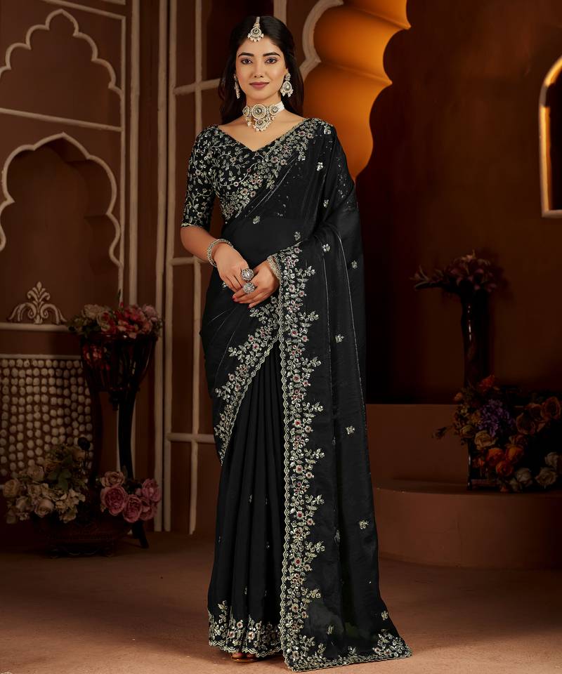 Black satin silk saree with heavy embroidered work