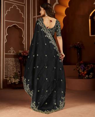 Black satin silk saree with heavy embroidered work 2