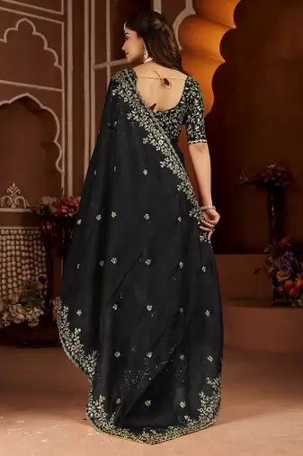 Black satin silk saree with heavy embroidered work