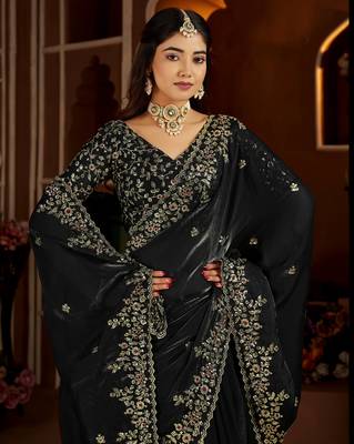 Black satin silk saree with heavy embroidered work 3