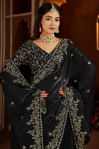 Black satin silk saree with heavy embroidered work