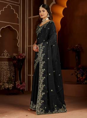 Black satin silk saree with heavy embroidered work 4