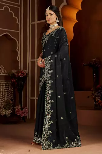 Black satin silk saree with heavy embroidered work