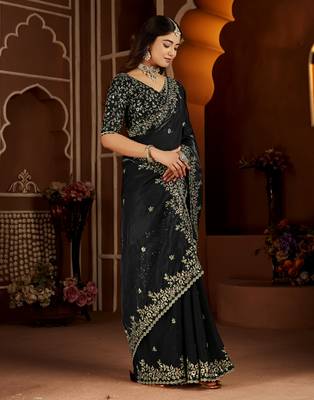 Black satin silk saree with heavy embroidered work 5