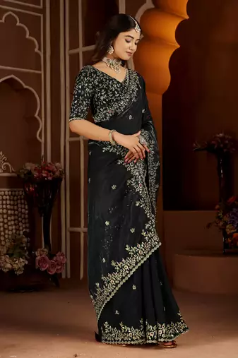 Black satin silk saree with heavy embroidered work