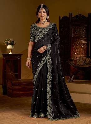 Choclate color satin silk saree with heavy embroidered work 1