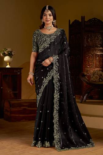 Choclate color satin silk saree with heavy embroidered work