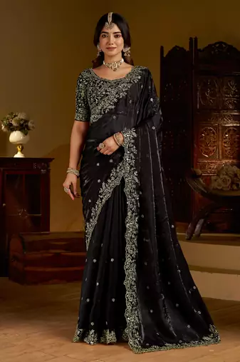 Choclate color satin silk saree with heavy embroidered work