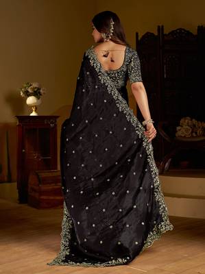 Choclate color satin silk saree with heavy embroidered work 2