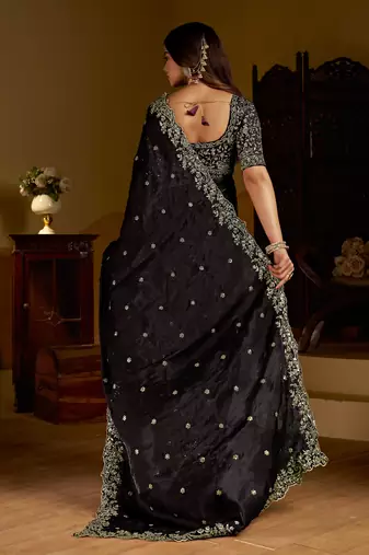 Choclate color satin silk saree with heavy embroidered work