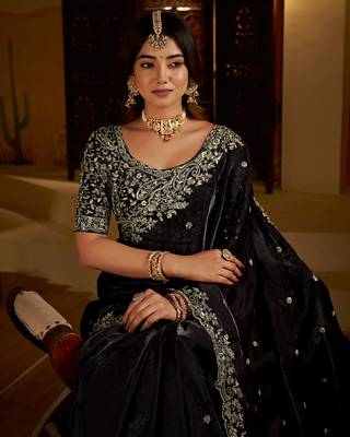 Choclate color satin silk saree with heavy embroidered work 3