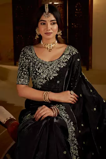 Choclate color satin silk saree with heavy embroidered work