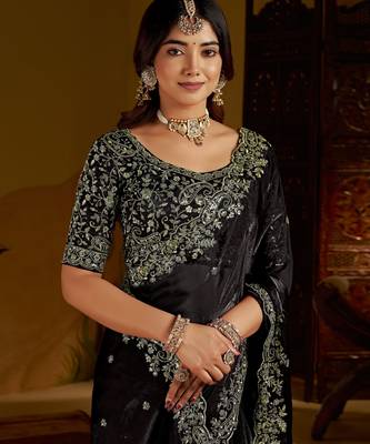 Choclate color satin silk saree with heavy embroidered work 4